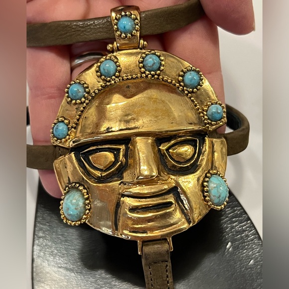 Giuseppe Zanotti Gold and Turquoise Mask Medallion Sandal - Picture 2 of 6
